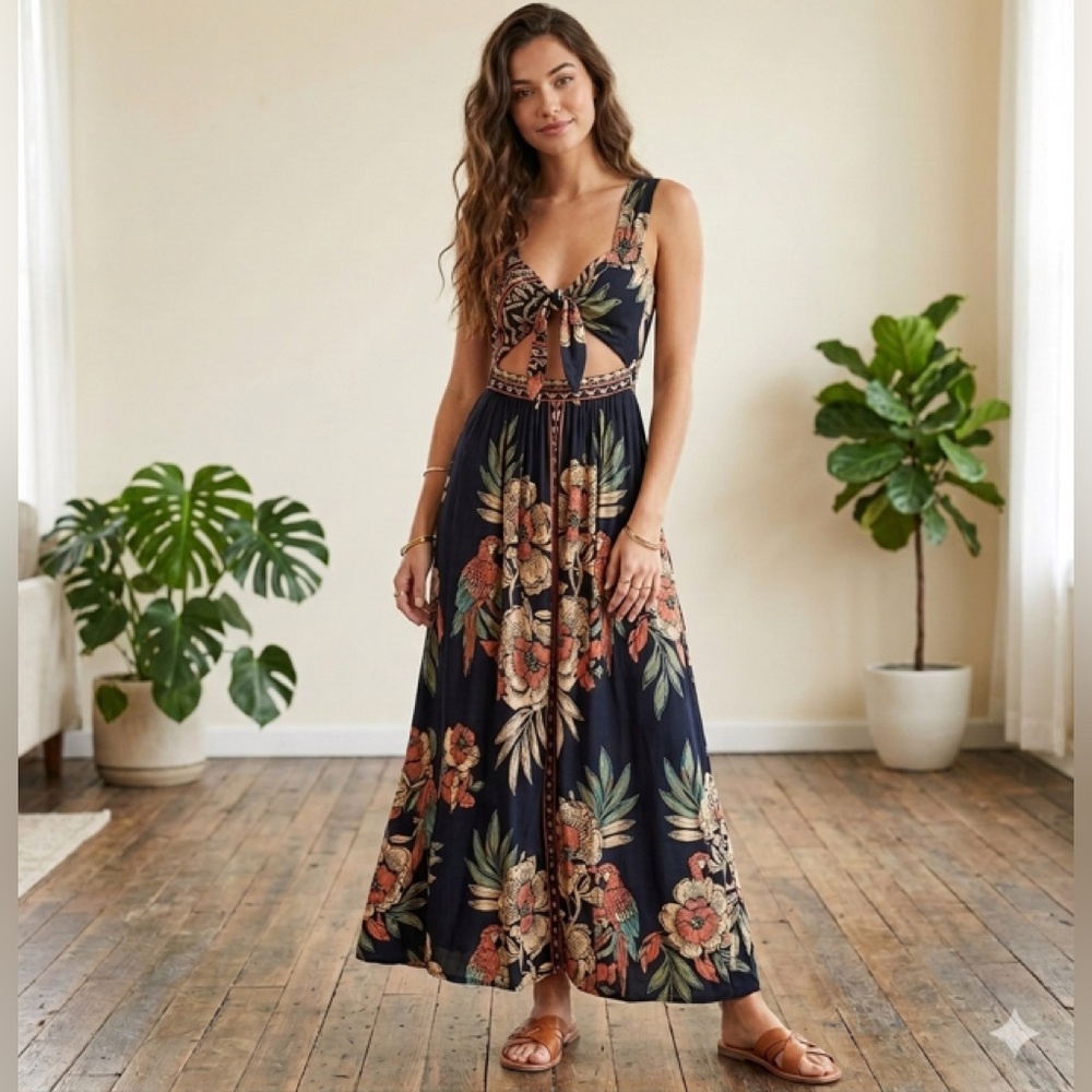 Floral Maxi Dress - Black and Orange perfect for summer vacation beach vibes